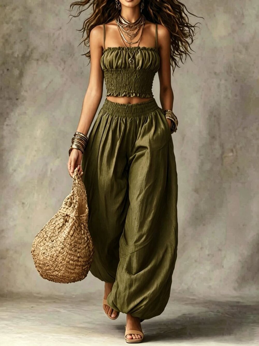 Elegant Strapless Cropped Camisole & Lantern Pants Set